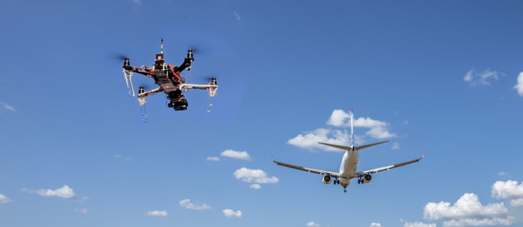 Future-tech drone flying near an airport